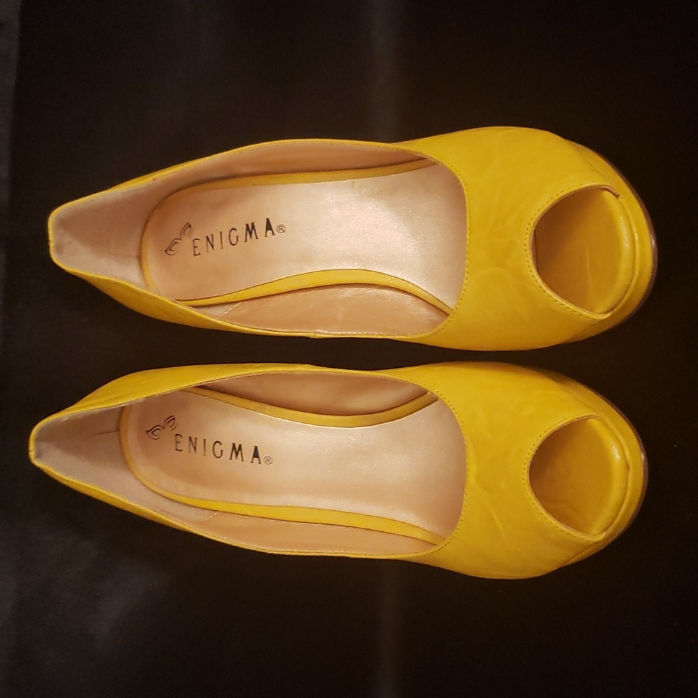 Mustard yellow color peep toe heels
